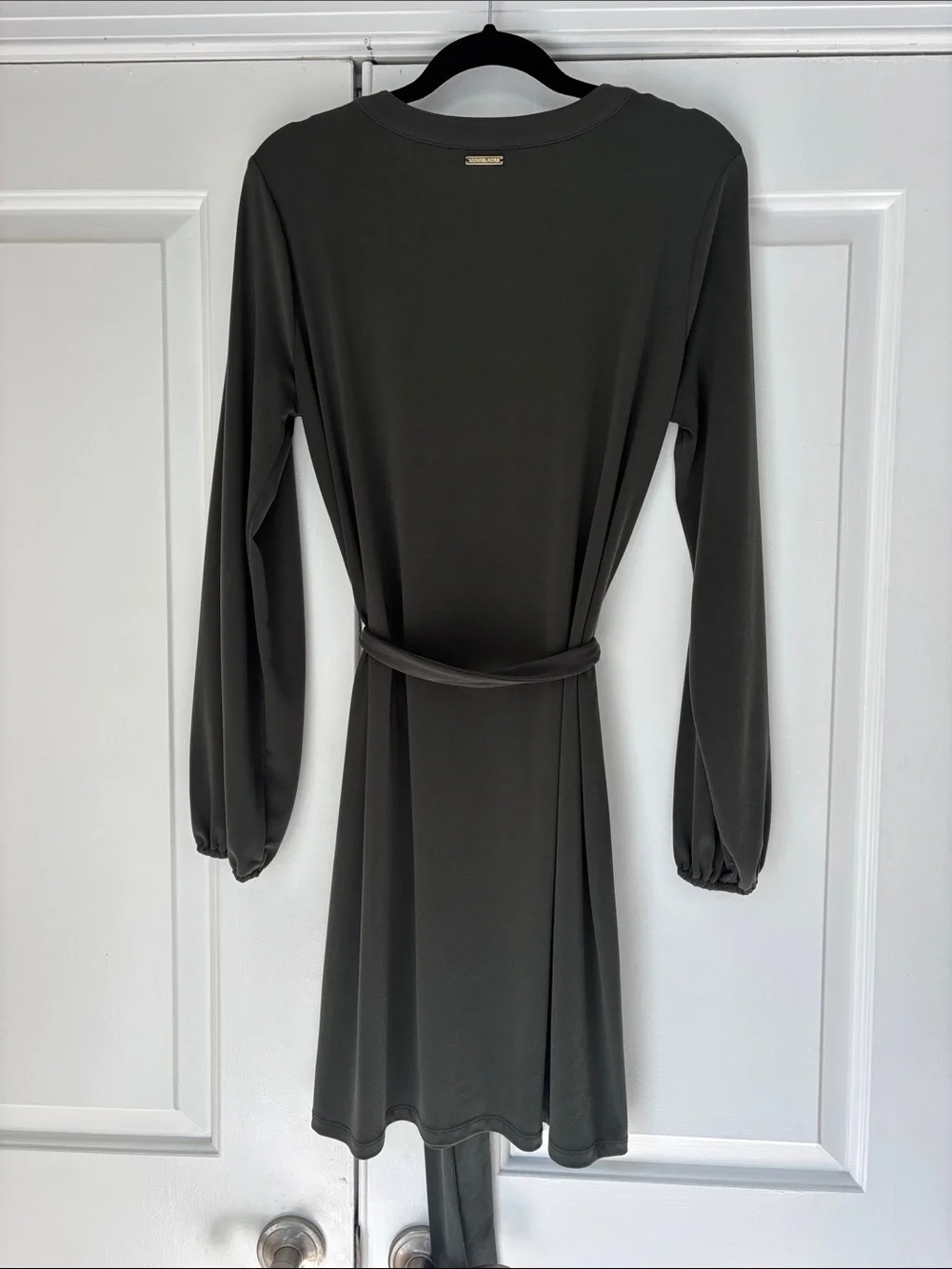 Michael Kors Olive Green Long-Sleeve Zip Front Dress with Waist Tie